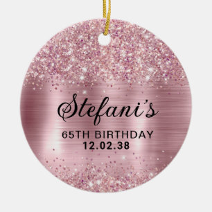 Glittery Blush Rose Gold Foil 65th Birthday Ceramic Ornament