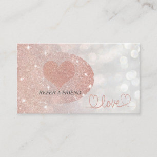 Glittery bokeh calligraphy rose gold love heart referral card