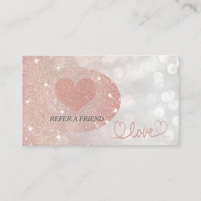 Glittery bokeh calligraphy rose gold love heart referral card (Front)