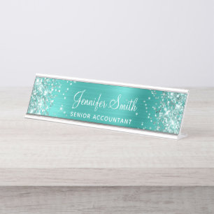 Glittery Bright Turquoise Foil Desk Name Plate