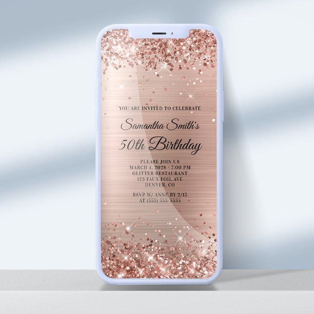 Glittery Brushed Rose Gold Foil 50th Birthday Invitation (Creator Uploaded)