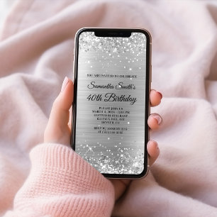 Glittery Brushed Silver Foil 40th Birthday Invitation