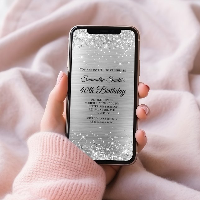 Glittery Brushed Silver Foil 40th Birthday Invitation (Glittery Brushed Silver Foil 40th Birthday Invitation)