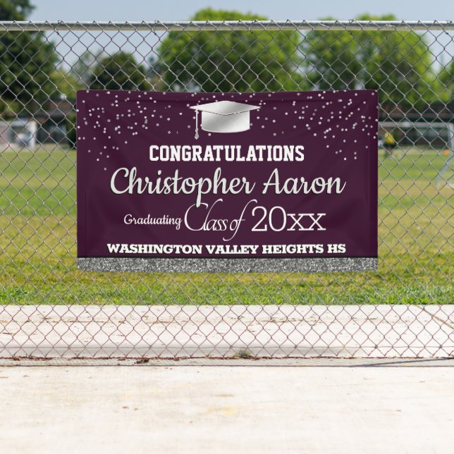 Glittery Burgundy and Silver Graduation Banner (Insitu)