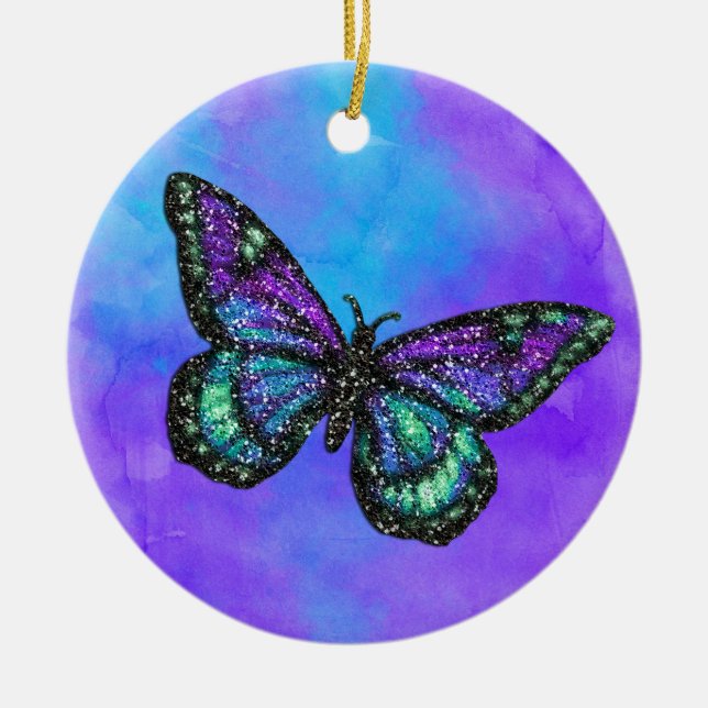 Glittery Butterfly on Watercolor Ceramic Ornament (Front)