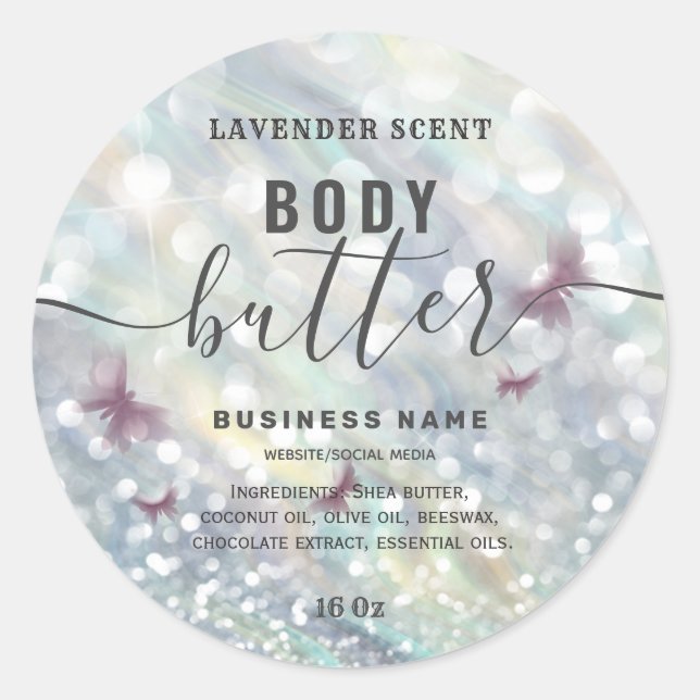 Glittery butterfly script body butter label (Front)