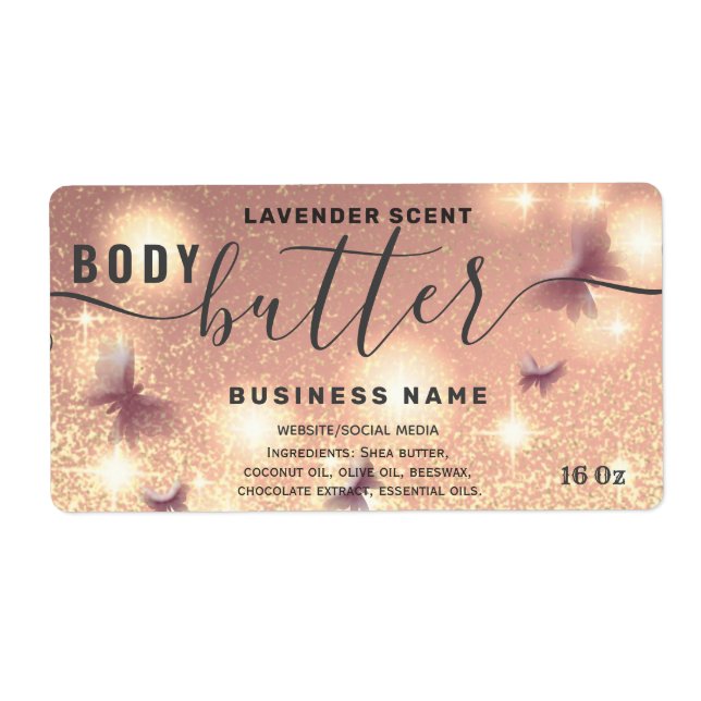 Glittery butterfly script body butter label (Front)