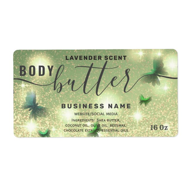 Glittery butterfly script body butter label (Front)