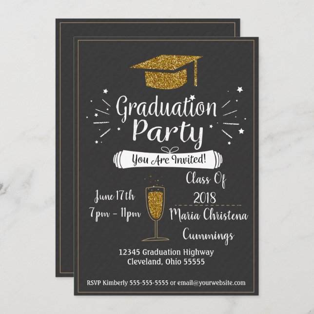 Glittery Chalkboard Graduation Party Invitation (Front/Back)