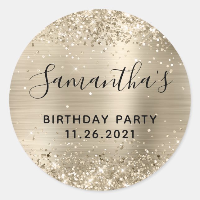 Glittery Champagne Foil Birthday Party Classic Round Sticker (Front)