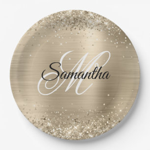 Glittery Champagne Foil Fancy Monogram Paper Plate