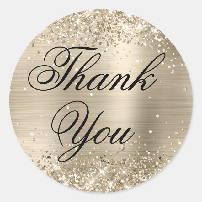 Glittery Champagne Foil Fancy Thank You Classic Round Sticker (Front)