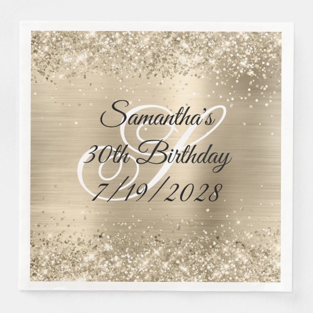 Glittery Champagne Foil Monogram 30th Birthday Napkin (Front)