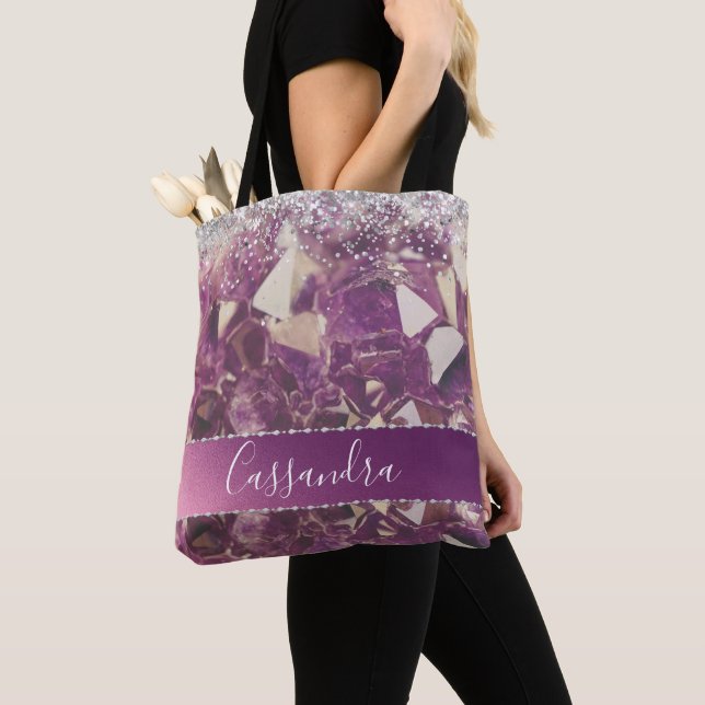 Glittery Chic Amethyst Crystals Personalised Tote Bag (Close Up)