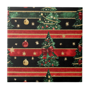 Glittery Christmas Tree - Red Black Green Striped Ceramic Tile