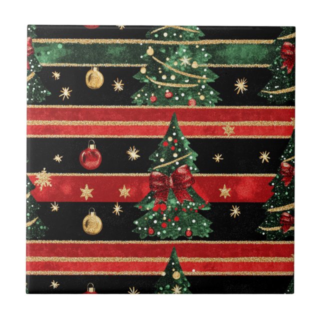 Glittery Christmas Tree - Red Black Green Striped Ceramic Tile (Front)