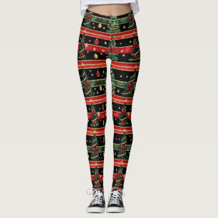 Glittery Christmas Tree - Red Black Green Striped Leggings