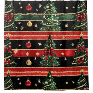 Glittery Christmas Tree - Red Black Green Striped Shower Curtain