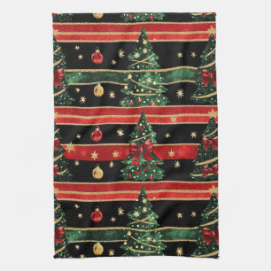 Glittery Christmas Tree - Red Black Green Striped Tea Towel