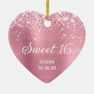 Glittery Classic Pink Foil Sweet 16 Photo Ceramic Ornament