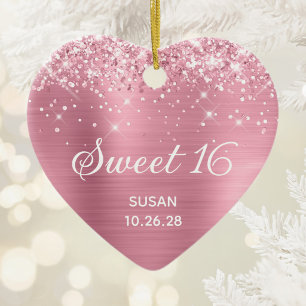 Glittery Classic Pink Foil Sweet 16 Photo Ceramic Ornament