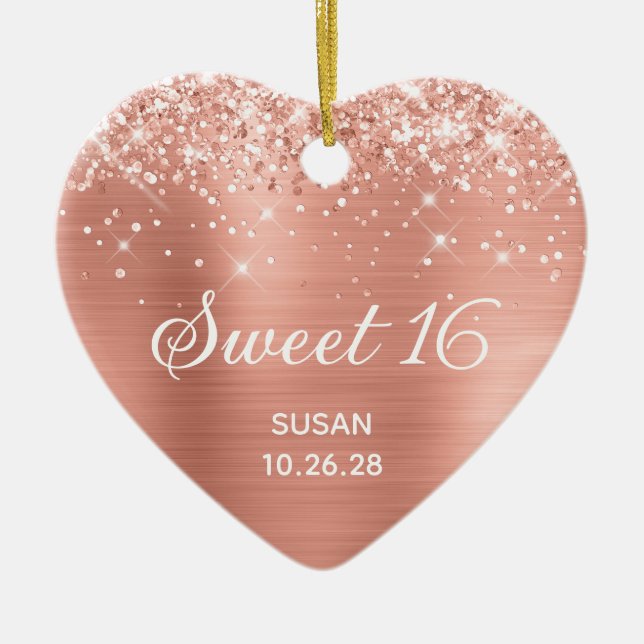 Glittery Classic Pink Peach Foil Sweet 16 Photo Ceramic Ornament (Front)