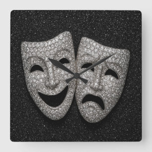 Glittery Comedy & Tragedy Drama Mask Square Wall Clock