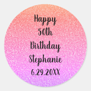 Glittery Custom Happy Birthday Name Rose Gold Pink Classic Round Sticker
