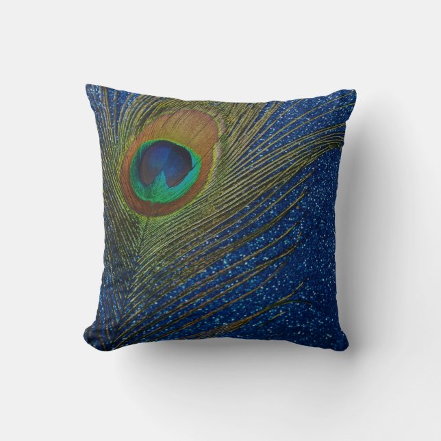 Glittery Dark Blue Peacock Cushion (Front)