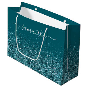 Glittery Dark Teal Elegant Signature Name Large Gift Bag