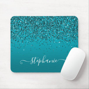 Glittery Dark Turquoise Gradient Girly Calligraphy Mouse Pad