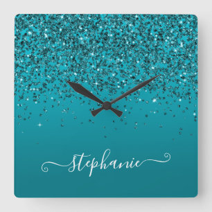 Glittery Dark Turquoise Gradient Girly Calligraphy Square Wall Clock