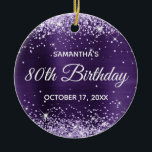 Glittery Dark Violet Purple Foil 80th Birthday Ceramic Ornament<br><div class="desc">Create your own 80th birthday circle ornament for your grandma. Customise the block text and/or calligraphy font style. Change the text for any special or milestone birthday. The digital art background features a faux pale lavender purple glitter and dark violet purple ombre foil. On the backside, you can add a...</div>