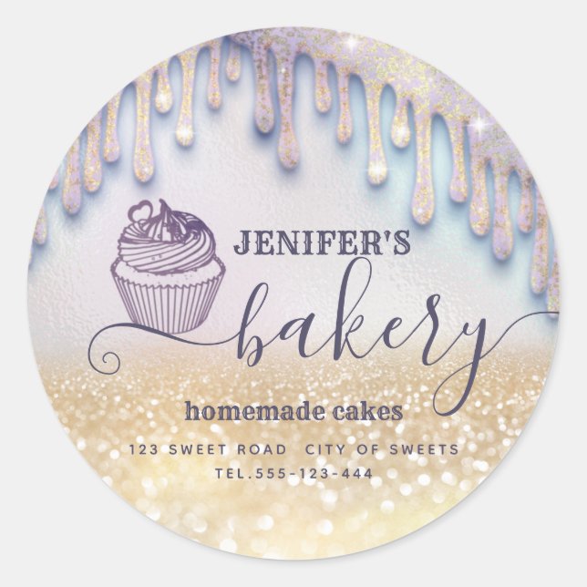Glittery drips cupcake chef script bakery classic classic round sticker (Front)