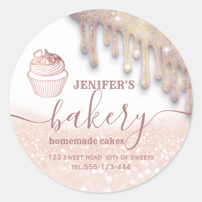 Glittery drips cupcake chef script bakery  classic classic round sticker (Front)