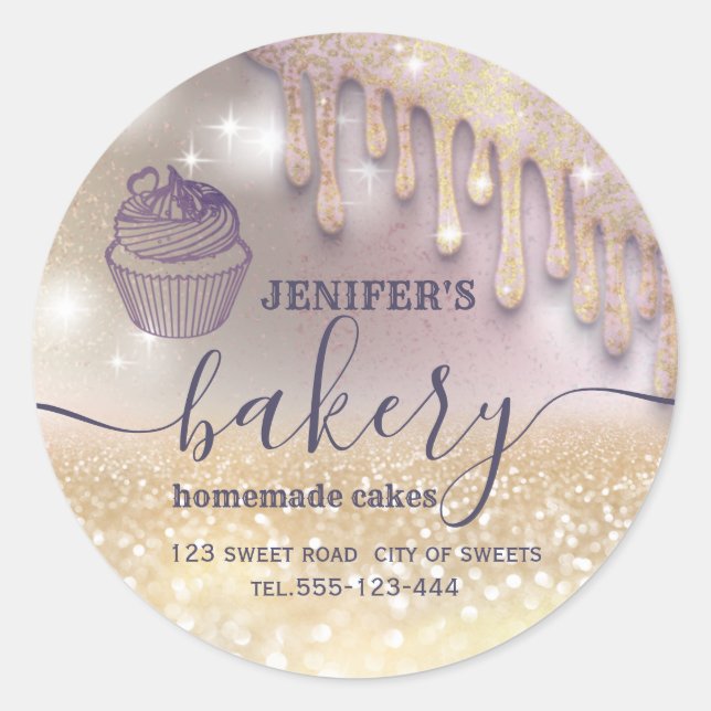 Glittery drips cupcake chef script bakery classic  classic round sticker (Front)