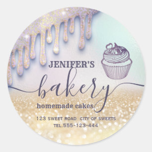 Glittery drips cupcake chef script bakery classic round sticker