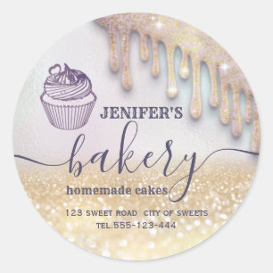 Glittery drips cupcake chef script bakery classic round sticker