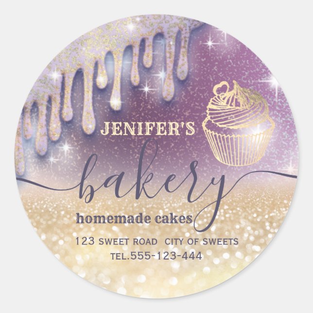 Glittery  drips cupcake chef script bakery classic round sticker (Front)