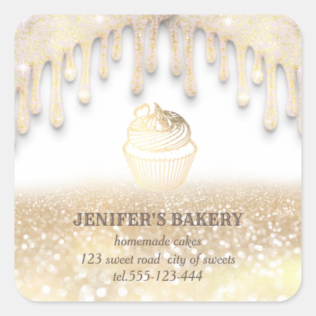 Glittery drips  gold Homemade cupcakes and sweets Square Sticker (Front)