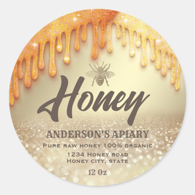 Glittery drips gold honey bee honey label (Front)