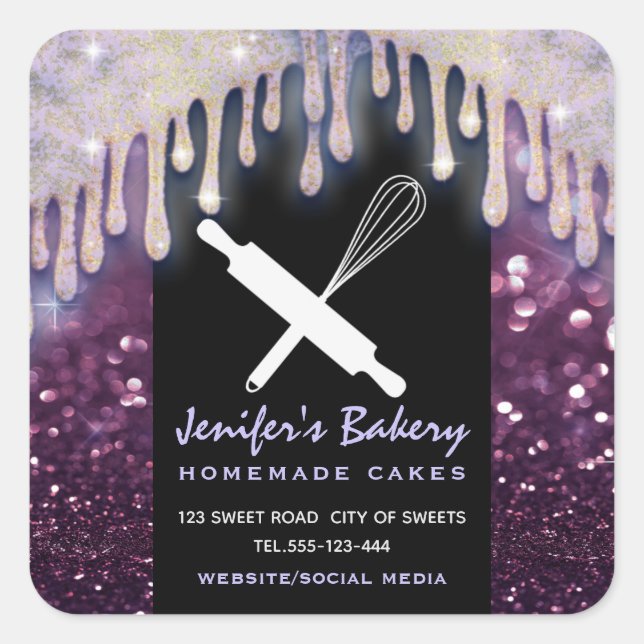 Glittery drips rolling pin whisk bakery chef square sticker (Front)