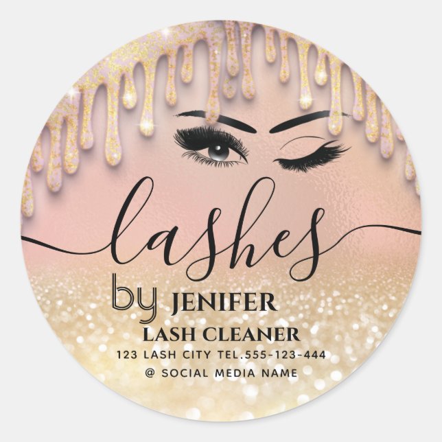 Glittery drips wink lash extension lash cleaner    classic round sticker (Front)