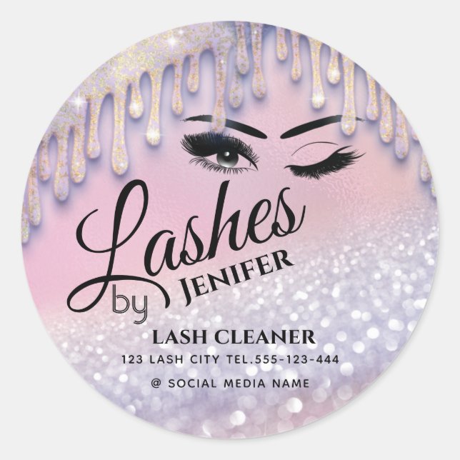 Glittery drips wink lash extension lash cleaner    classic round sticker (Front)