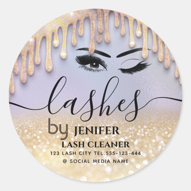 Glittery drips wink lash extension lash cleaner    classic round sticker (Front)