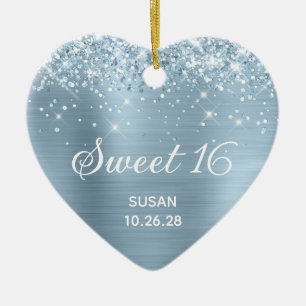 Glittery Dusty Blue Foil Sweet 16 Photo Ceramic Ornament