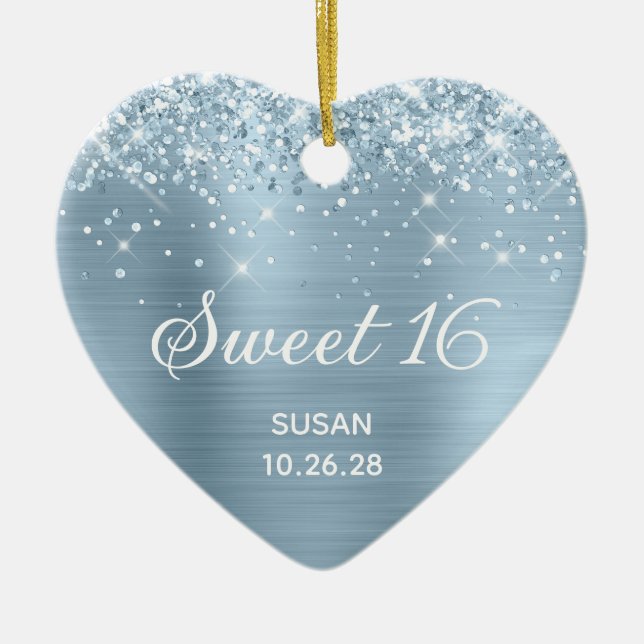 Glittery Dusty Blue Foil Sweet 16 Photo Ceramic Ornament (Front)