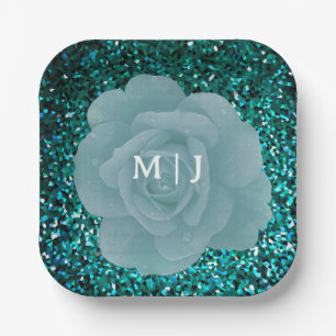 Glittery Dusty Blue Rose Monogram Elegant Wedding Paper Plate