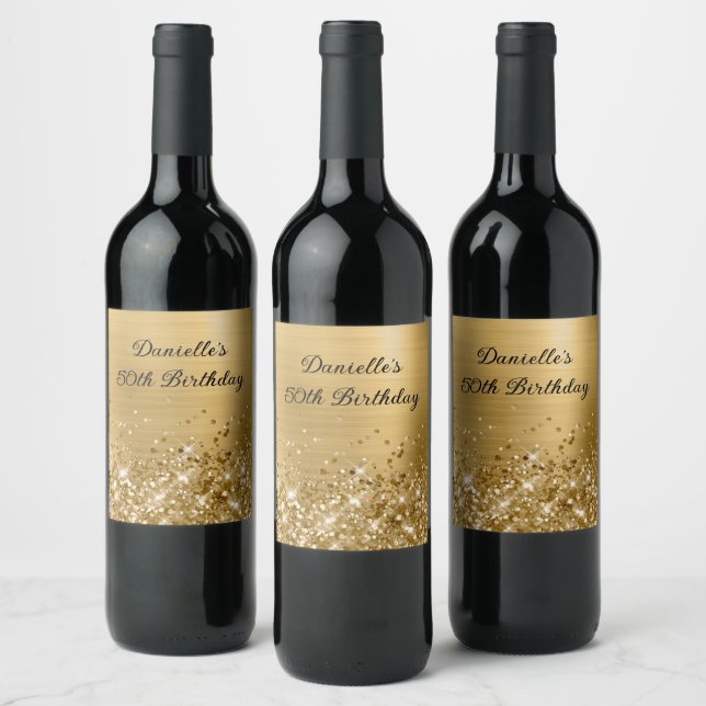 Glittery Edge Gold Foil 50th Birthday Wine Label (Bottles)