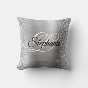 Glittery Edge Silver Foil Fancy Monogram Cushion
